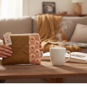 Petunias by Kelly Quilted Fabric Zipper Pouch – Mustard & Pink Floral – 8x7